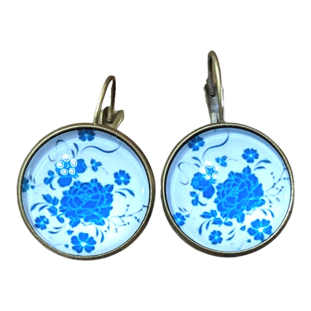 DCLF Blue and White Floral Button Antiqued Metal Lever Back Earrings